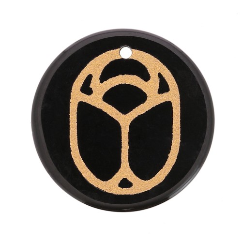 Pendentif rond plat 15 mm - scarabée gravé exclu Perles & Co - Onyx noir - Doré x1