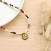 Pendentif rond plat 20 mm - scarabée gravé exclu Perles & Co - Labradorite - Doré x1