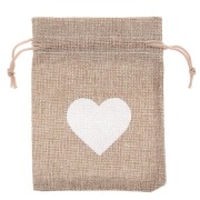 Pochon en toile synthétique effet jute motif coeur - 95x135 mm - Marron - Blanc x1|raw }}