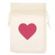 Pochon en toile synthétique effet jute motif coeur - 95x135 mm - Ecru - Rouge x1