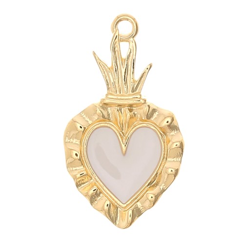 Pendentif coeur Ex-voto 27x15 mm avec résine époxy - Doré à l'or fin - Blanc x1