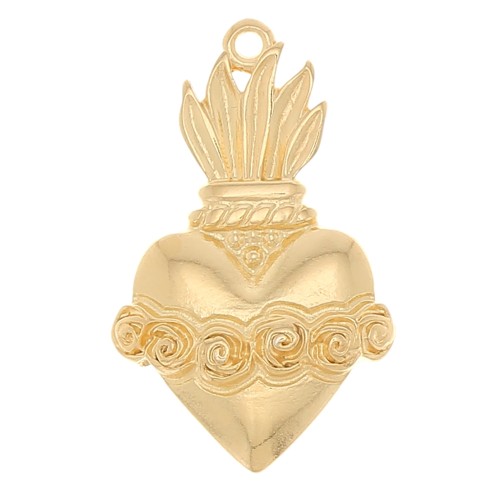 Pendentif coeur Ex-voto avec fleurs 31x19 mm - Doré à l'or fin x1