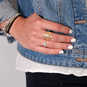 Bague réglable - motif oeil en résine & Oxydes de zirconium - Doré - Blanc Bleu x1