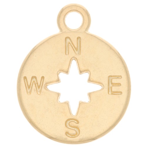 Breloque ronde 17x14mm motif rose des vents & point cardinaux - Doré à l'or fin x1
