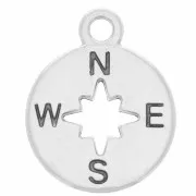 Breloque ronde 17x14mm motif rose des vents - Placage argent fin vieilli x1