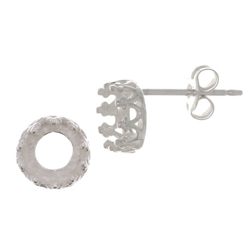 Clous d'oreilles serti pour cabochon 6 mm - décor couronne - Argent 925 x2