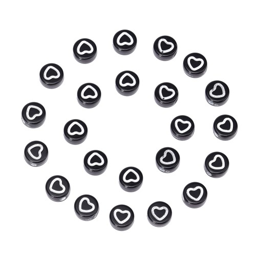 Assortiment de 20 perles plates - coeurs - 7 mm - Noir - Blanc