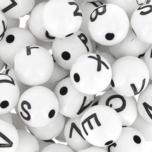 Assortiment de 200 perles lettres rondes alphabet 8 mm - Blanc - Noir