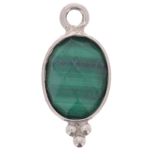 Breloque ovale facettée avec petites boules 14x7 mm - Argent 925 - Malachite x1