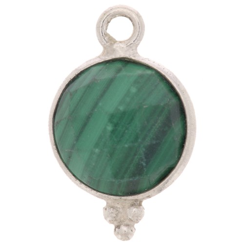Breloque ronde facettée avec petites boules 9mm - Argent 925 - Malachite x1