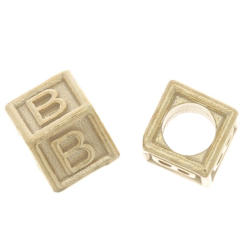 Perle lettre alphabet cube 5 mm avec gros trou - B - Argent 925 Doré à l'or fin x1