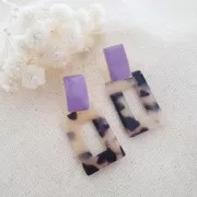 Clous d'oreilles rectangle 13x20 mm résine époxy - Acier Doré - Lilas x2