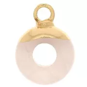 Breloque ronde forme donut 10 mm en verre - imitation Quartz rose - Doré x1