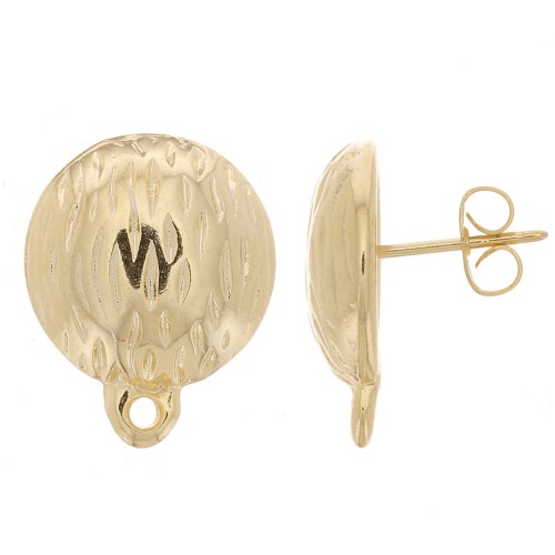 Clous d'oreilles demi-boule striée 14 mm avec anneau fermé - Doré à l'or fin x2
