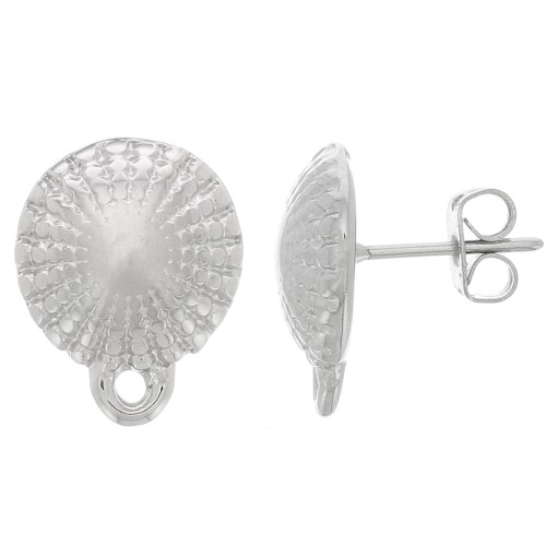 Clous d'oreilles demi-boule texturée avec anneau fermé 13x16mm - Rhodié x2