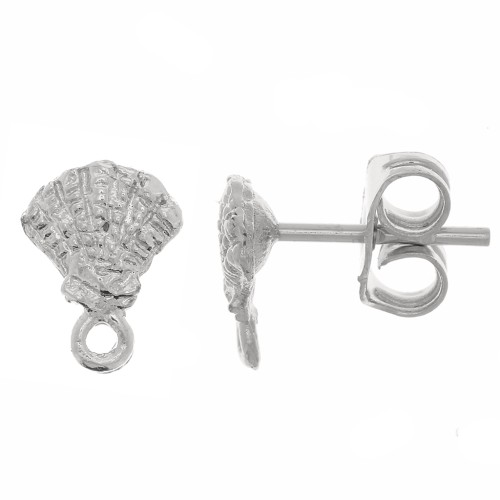 Clous d'oreilles coquillage - 8.5x6.5 mm - avec anneau fermé - Rhodié x2