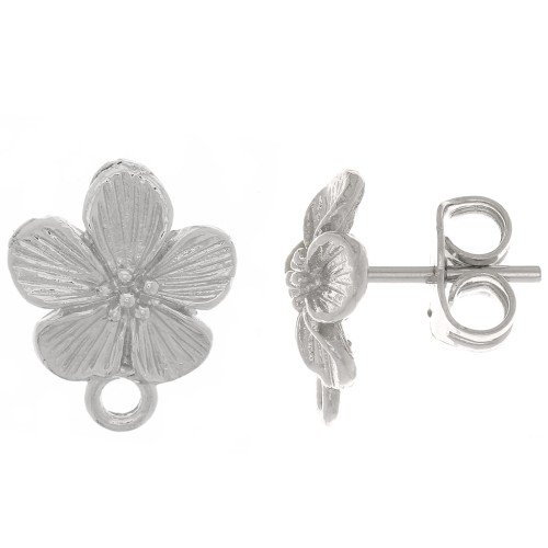 Clous d'oreilles fleur 12x10 mm - avec anneau fermé - Rhodié x2