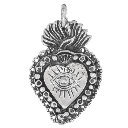 Pendentif coeur Ex-voto mexicain travaillé avec oeil 23x14 mm - Argent 925 x1