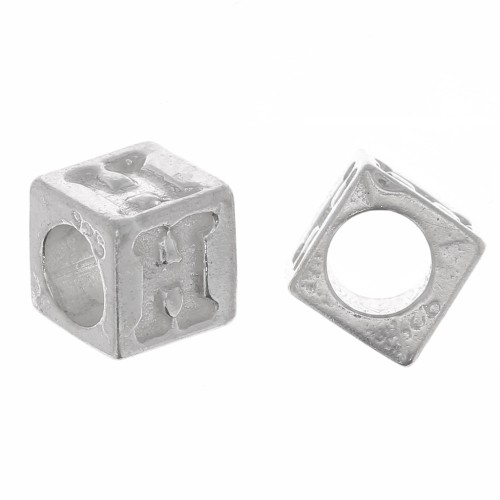 Perle lettre alphabet cube 5 mm avec gros trou - H - Argent 925 x1