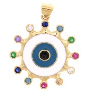 Pendentif oeil bleu avec oxydes de Zirconium  et résine époxy 22mm - Doré - Blanc x1