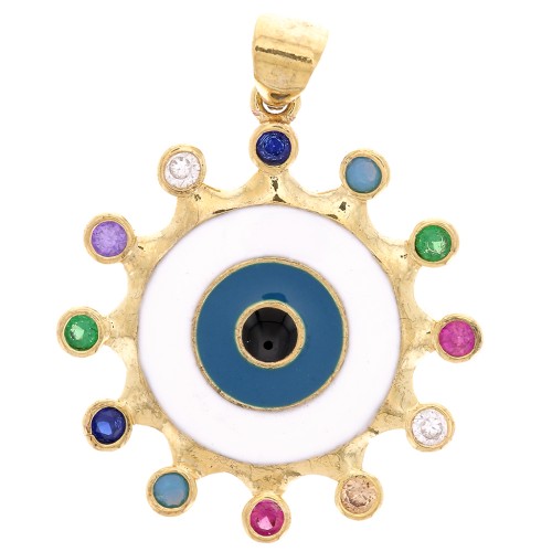 Pendentif oeil bleu avec oxydes de Zirconium  et résine époxy 22mm - Doré - Blanc x1