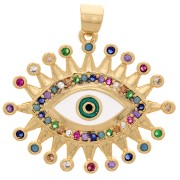Pendentif oeil avec oxydes de Zirconium  et résine époxy 23x27 mm - Doré - Multicolore x1|raw }}
