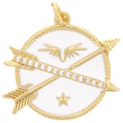 Pendentif rond et flèches avec oxydes de Zirconium  et résine époxy 23 mm - Doré - Blanc x1