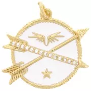 Pendentif rond et flèches avec oxydes de Zirconium  et résine époxy 23 mm - Doré - Blanc x1