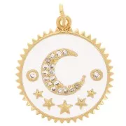 Pendentif rond motif lune avec oxydes de Zirconium  & résine époxy 20 mm Blanc