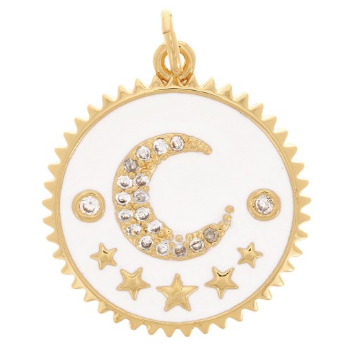 Pendentif rond motif lune avec oxydes de Zirconium  & résine époxy 20 mm Blanc