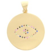 Pendentif rond avec oxydes de Zirconium  & résine époxy 21 mm - motif oeil - Doré - Blanc x1