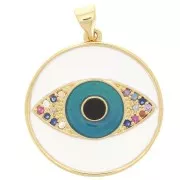 Pendentif rond avec oxydes de Zirconium  & résine époxy 23 mm - motif oeil - Doré - Bleu x1