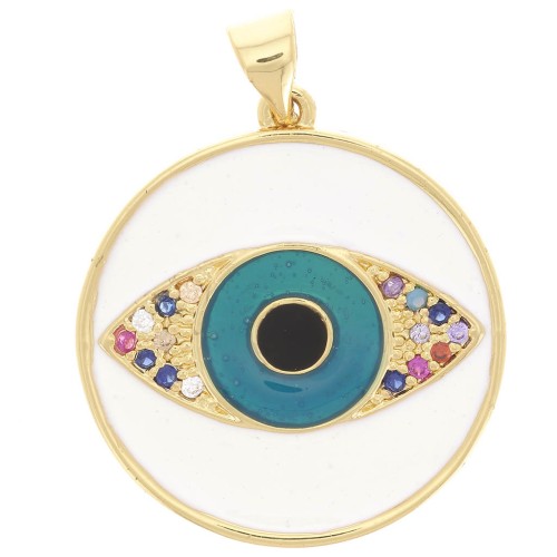 Pendentif rond avec oxydes de Zirconium  & résine époxy 23 mm - motif oeil - Doré - Bleu x1
