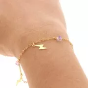 Chaîne maille Forçat avec breloques éclairs & coeurs en verre 8 mm - Doré x1m