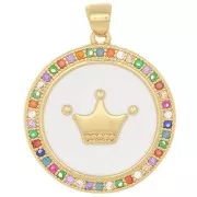 Pendentif rond avec oxydes de Zirconium  & résine époxy 25x23 mm - motif couronne - Doré x1