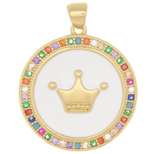 Pendentif rond avec oxydes de Zirconium  & résine époxy 25x23 mm - motif couronne - Doré x1