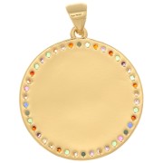 Pendentif rond avec oxydes de Zirconium  & résine époxy 25x23 mm - motif couronne - Doré x1