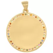 Pendentif rond avec oxydes de Zirconium  & résine époxy 25x23 mm - motif couronne - Doré x1