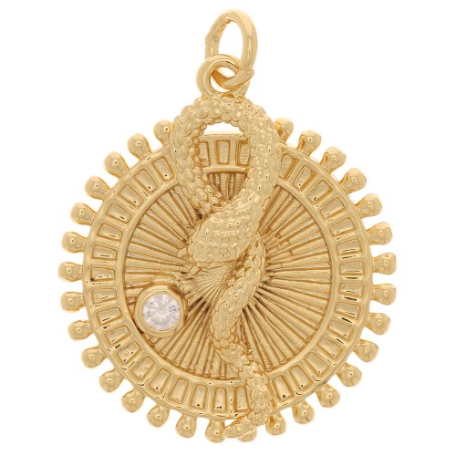 Pendentif rond travaillé - serpent en relief - avec  oxyde de Zirconium  25x22 mm - Doré x1