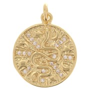 Pendentif rond - motif serpent - étoiles et lunes avec oxydes de Zirconium  21x18 mm - Doré x1
