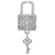 Pendentif cadenas et clé avec oxydes de Zirconium 26x9 mm - Rhodié - Crystal x1