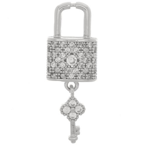 Pendentif cadenas et clé avec oxydes de Zirconium 26x9 mm - Rhodié - Crystal x1