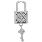 Pendentif cadenas et clé avec oxydes de Zirconium 26x9 mm - Rhodié - Crystal x1