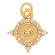 Breloque ronde travaillée avec oxydes de Zirconium  - motif oeil - 14x13 mm - Doré - Crystal x1|raw }}