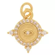 Breloque ronde travaillée avec oxydes de Zirconium  - motif oeil - 14x13 mm - Doré - Crystal x1