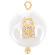 Pendentif rond perle d'eau douce et cadenas en oxydes de Zirconium  20x14 mm - Blanc - Doré x1