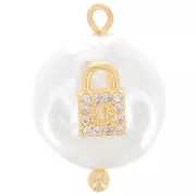 Pendentif rond perle d'eau douce et cadenas en oxydes de Zirconium  20x14 mm - Blanc - Doré x1
