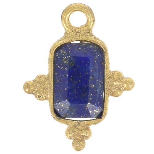 Breloque rectangle facettée et petites boules 12x9 mm - Doré à l'or fin - Lapis lazuli x1