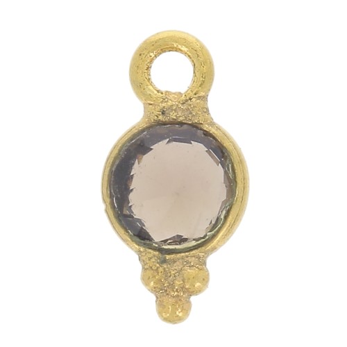 Breloque ronde facettée avec petites boules 9x5 mm - Doré à l'or fin - Quartz fumé x1