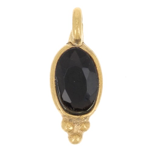 Breloque ovale facettée avec petites boules 12x5 mm - Doré à l'or fin - Onyx noir
